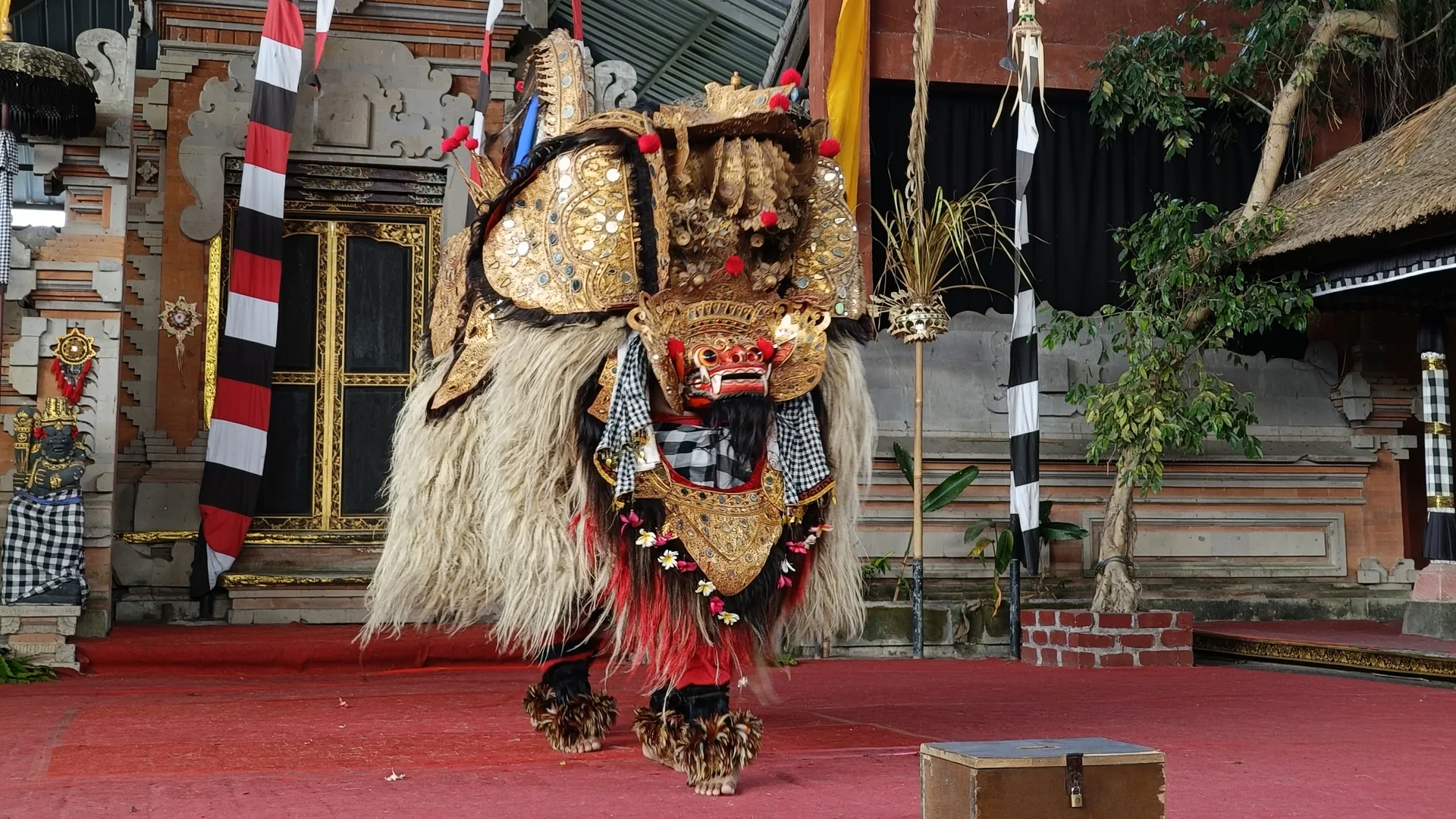 The Barong Ket — the shaggy gold-and-red lion-like guardian creature of Balinese dance — performing in a temple courtyard